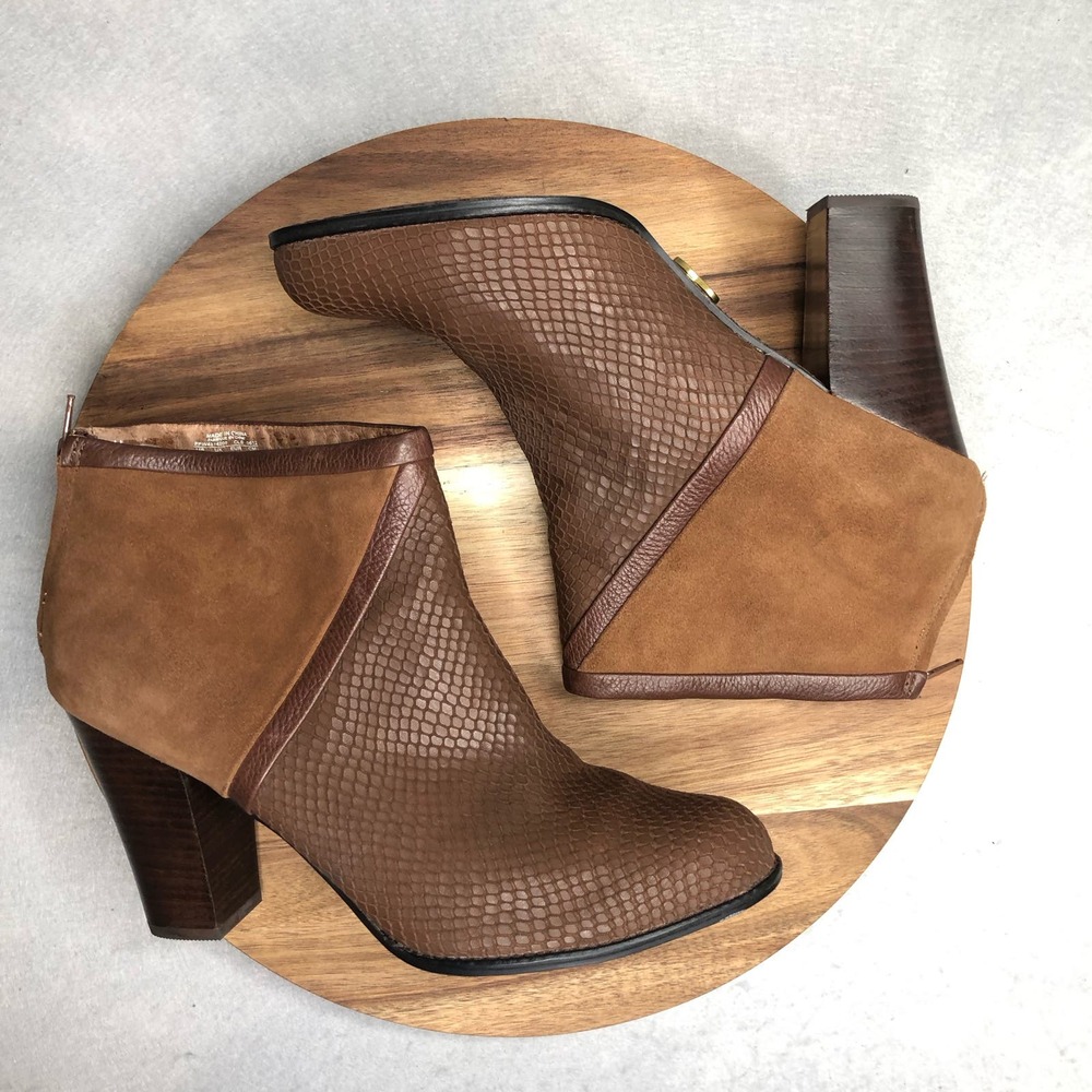 FOSSIL Snake Embossed Leather and Suede Stacked‎ Heel Ankle Boot Bootie Size 11